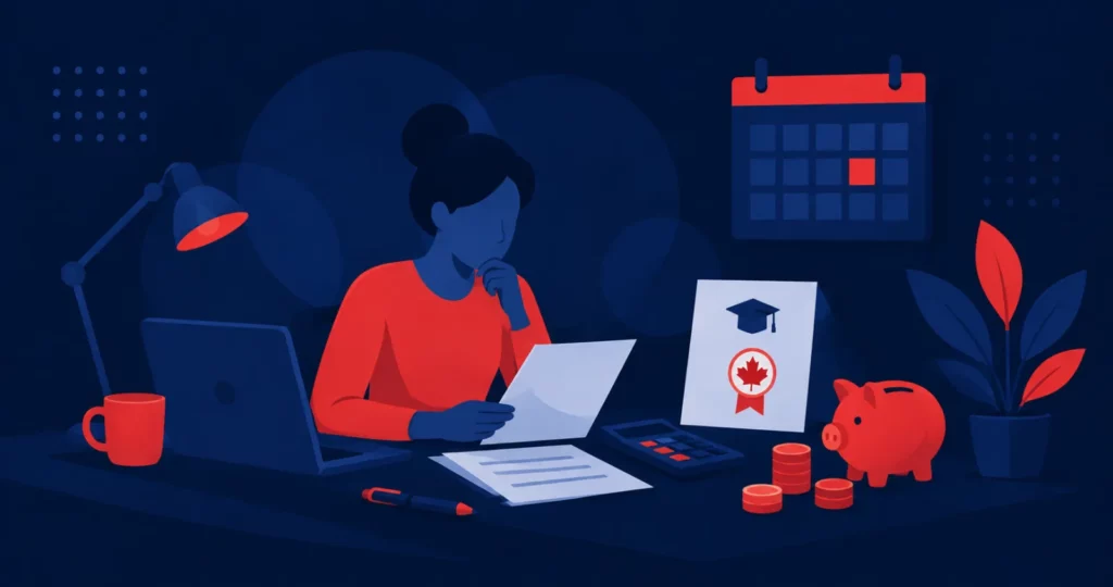 Illustration: a person planning education costs at a desk with a calculator, a piggy bank, coins and a calendar