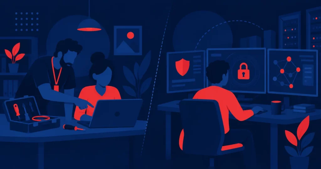 Illustration of an IT support technician helping a colleague, beside a cybersecurity analyst at monitors with a shield and padlock