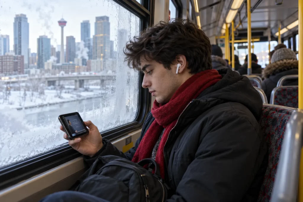 A young man watching an online lesson on his phone on a Calgary bus