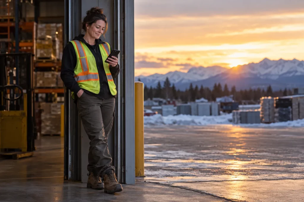 A woman at the end of a warehouse shift thinking about a career change