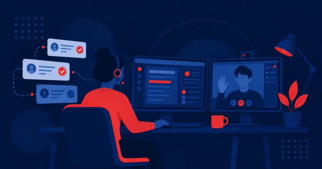 Illustration: a help desk technician with a headset resolving support tickets and talking to a user on a video call