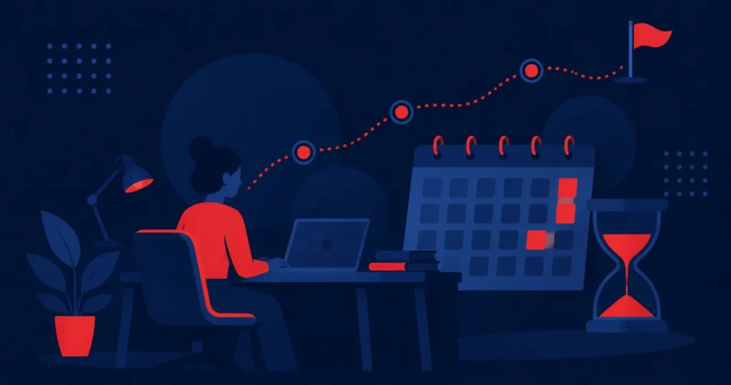 Illustration: an adult at a laptop with a calendar and an hourglass, and a dotted path of milestones leading to a flag