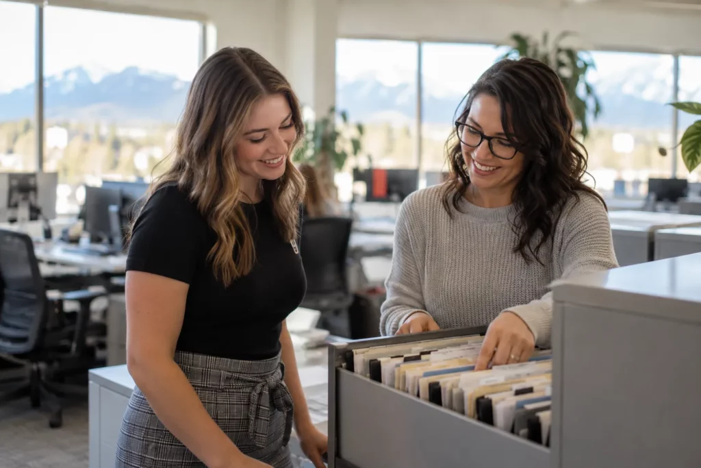 A young woman being shown the ropes in her first office job
