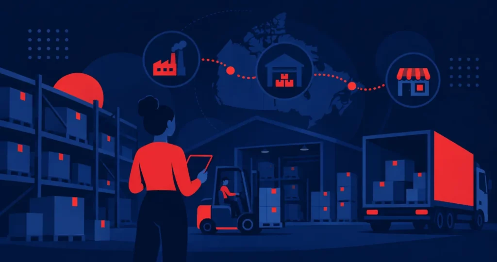 Illustration of a supply chain coordinator in a warehouse with a forklift and a delivery truck, and a route linking a factory, a warehouse and a shop