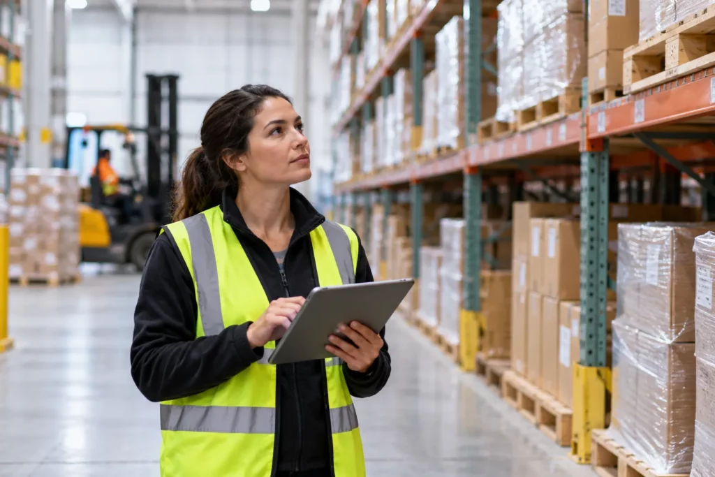 A supply chain coordinator checking stock in a distribution centre
