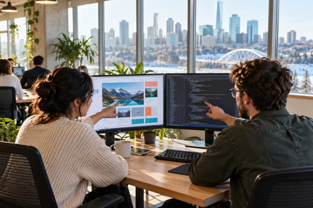 Two developers comparing front-end and back-end work on two monitors