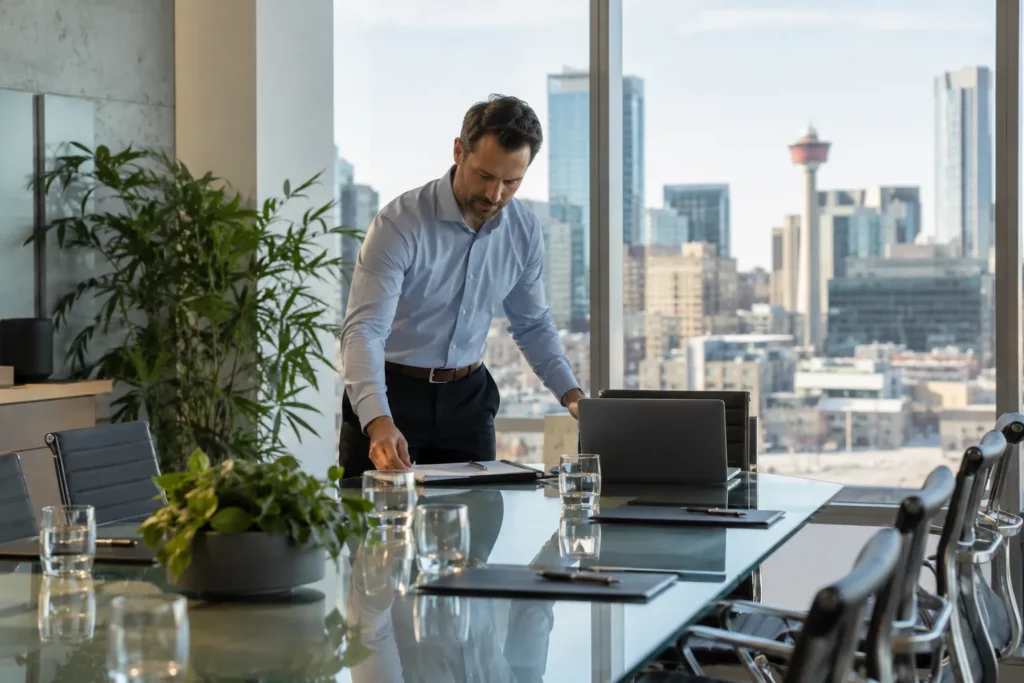 An executive assistant preparing a meeting room