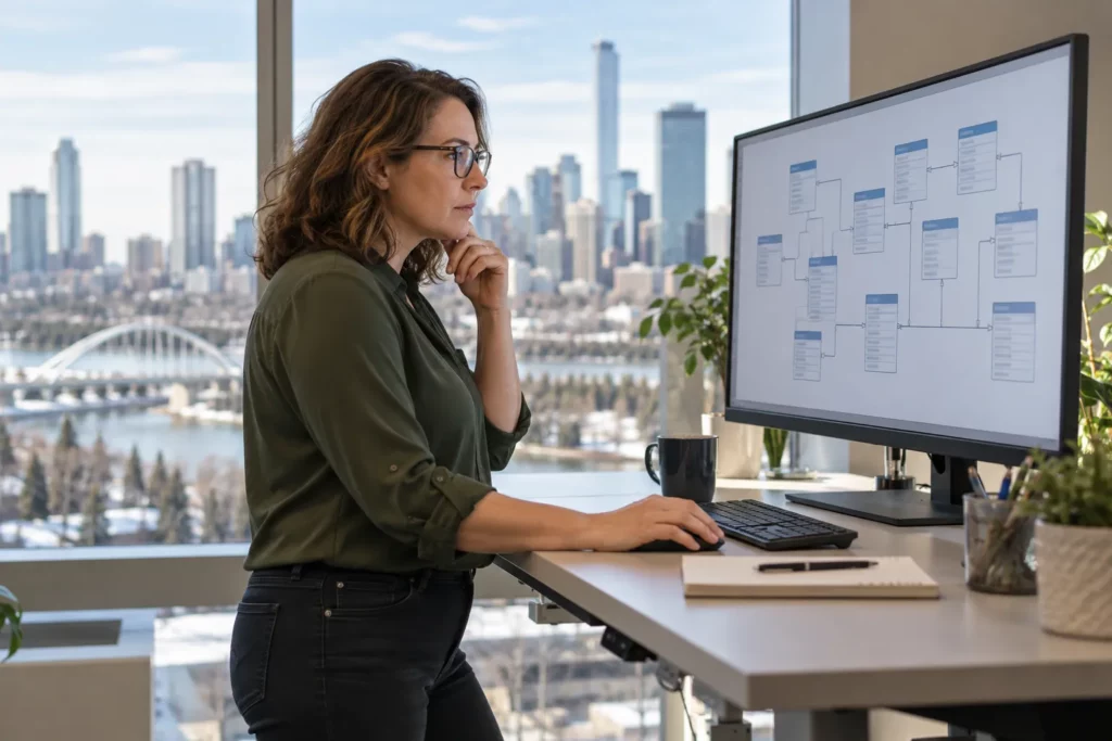 A database developer looking at a data model on a large monitor