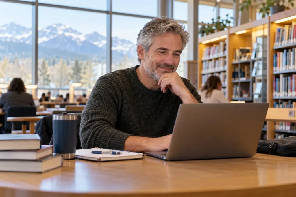 A man in his late 40s studying online at a library table