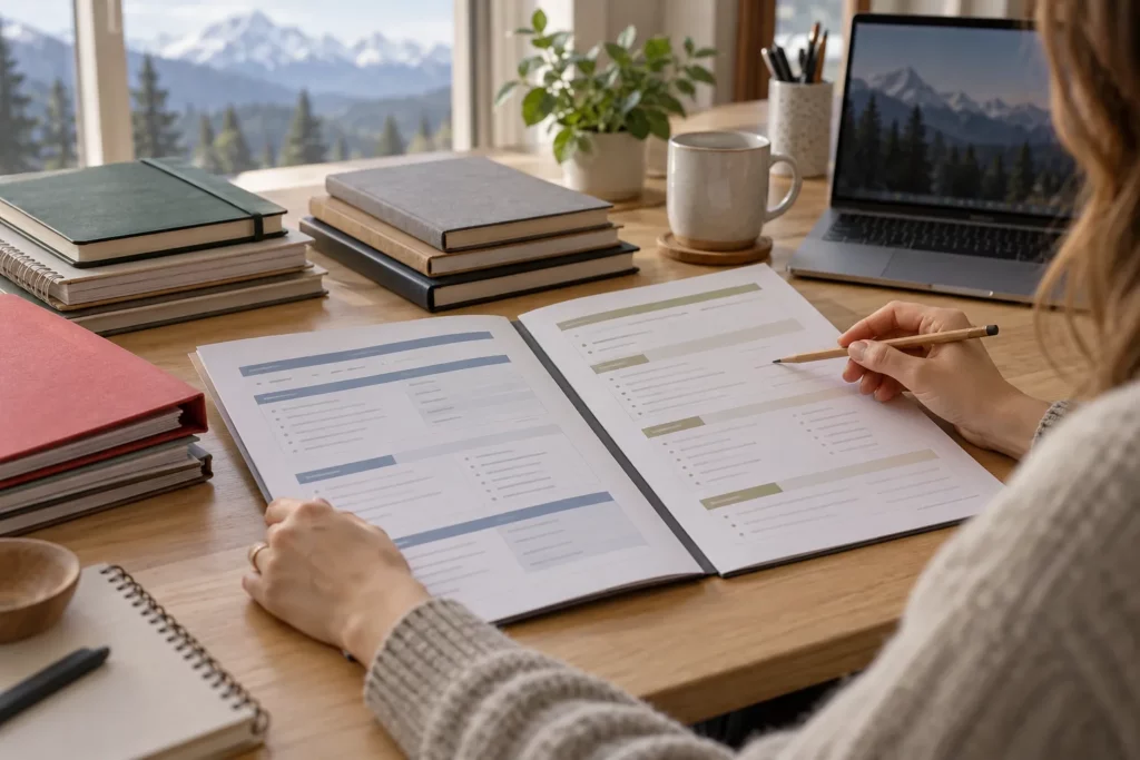 A person comparing course outlines on a wooden table