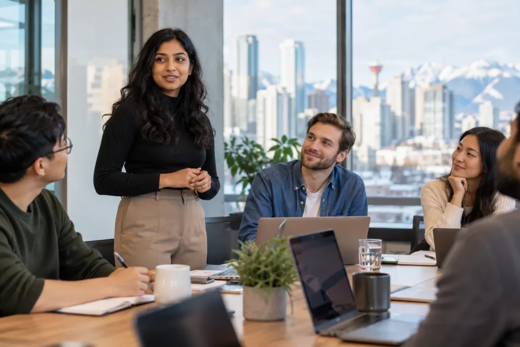 A new tech employee about to share her idea in a team meeting