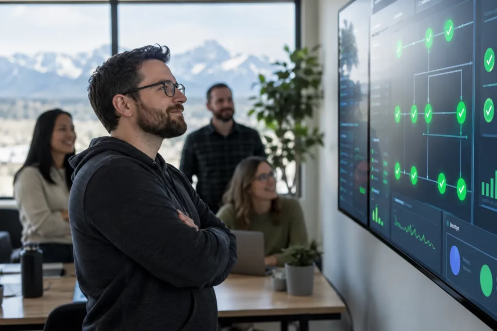 A DevOps engineer watching a deployment dashboard