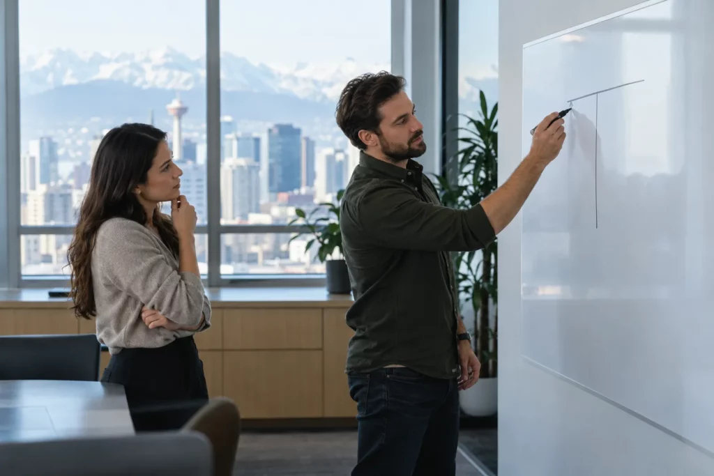 A professional sketching a career strategy on a whiteboard