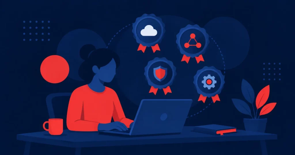 Illustration of an adult at a laptop surrounded by badges for cloud, networking, security and systems skills