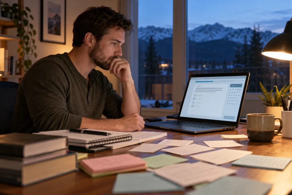 A man studying for an IT certification exam at home