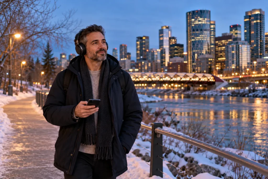 A professional learning with a podcast on an evening walk