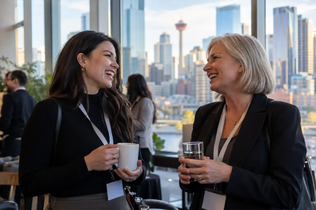 Two women talking at a tech meetup in Calgary