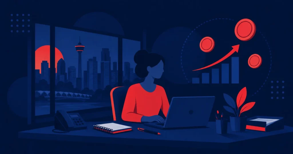 Illustration: an administrative assistant at an office desk with a laptop, next to an abstract rising chart, with the Calgary skyline outside