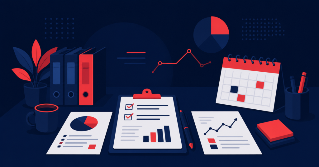 Illustration of business administration work with charts and documents
