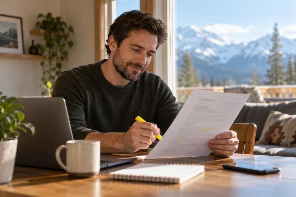 A job seeker reviewing a printed resume with a highlighter