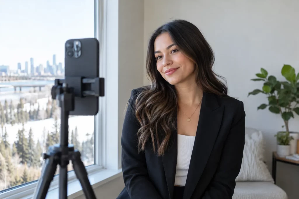 A woman taking a professional profile photo at home