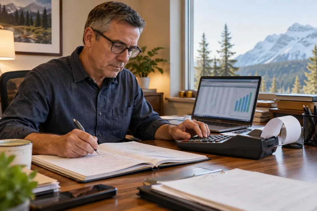 A bookkeeper working with a calculator and spreadsheet