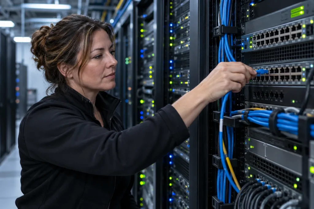 A network administrator connecting a cable in a server rack