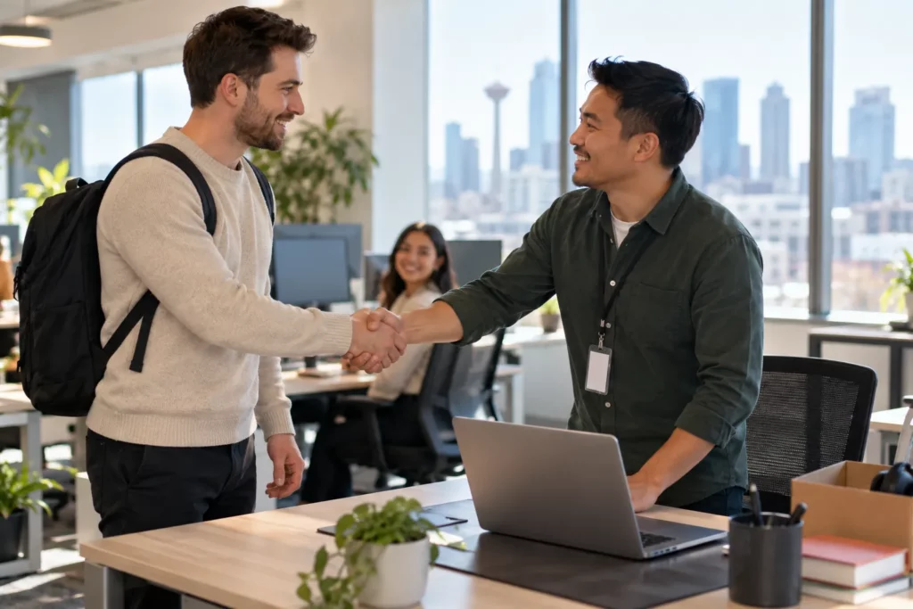 A new employee being welcomed in his first week