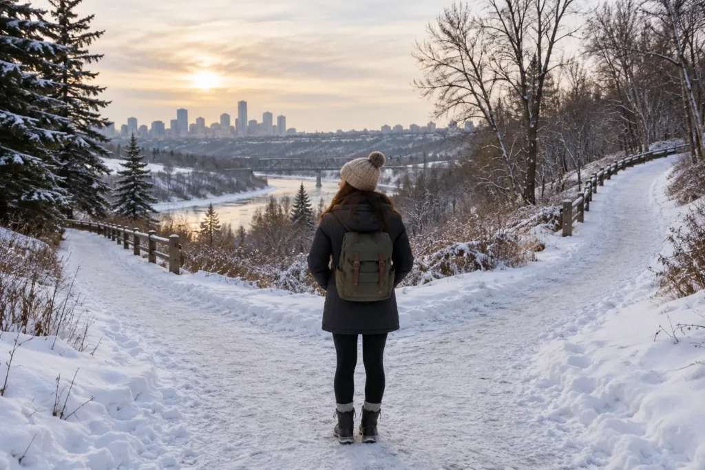 A young woman choosing between two paths in a winter park