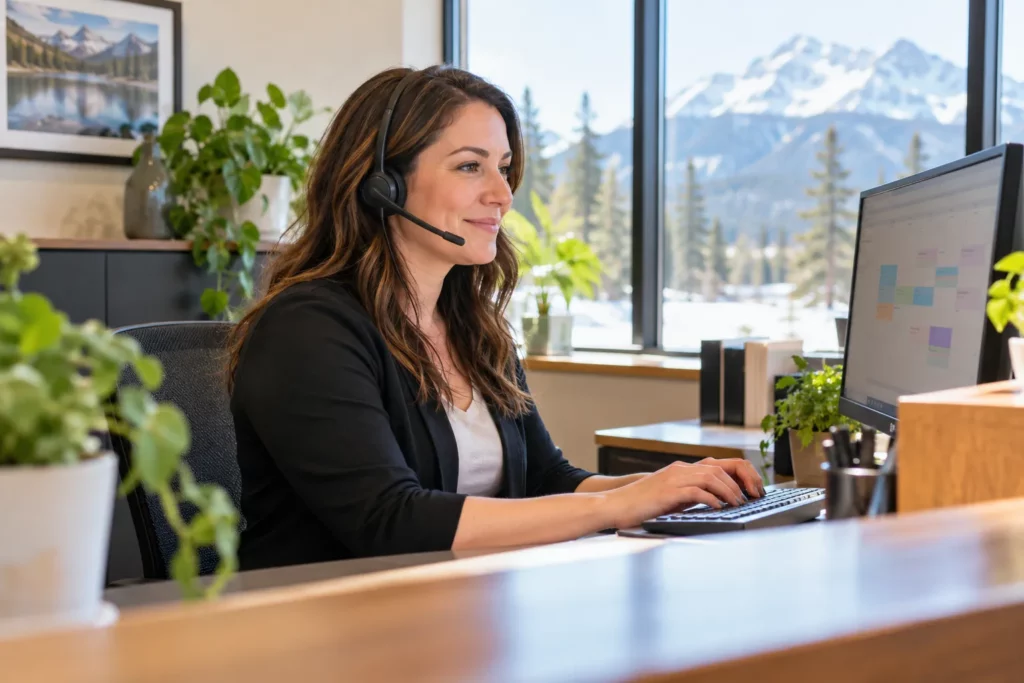 An administrative assistant managing calls and calendars at a desk