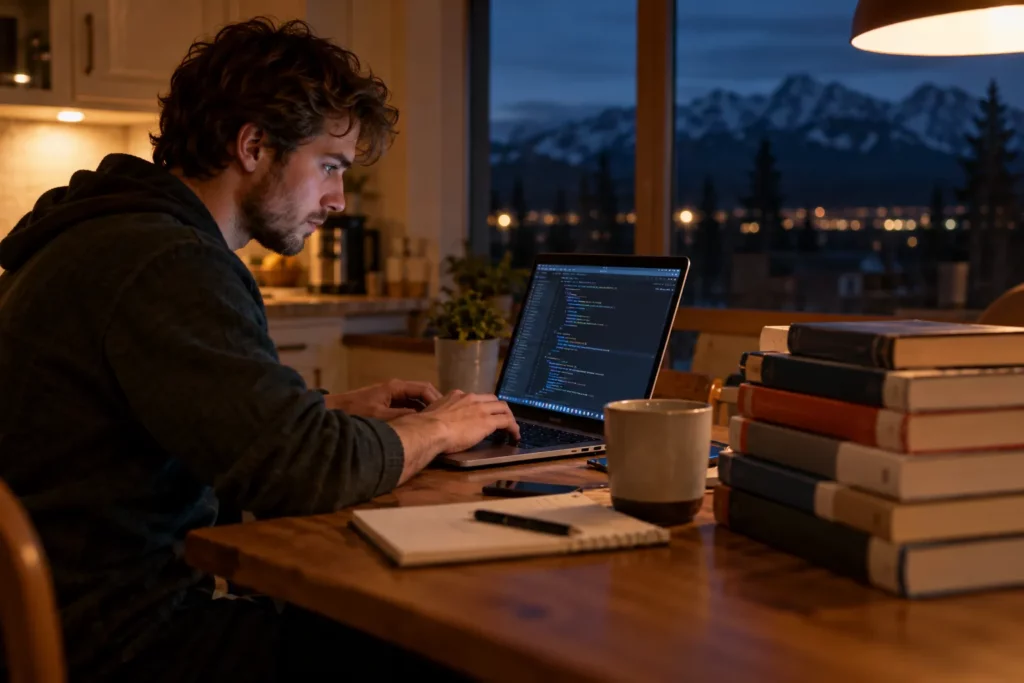 A self-taught developer coding at the kitchen table in the evening