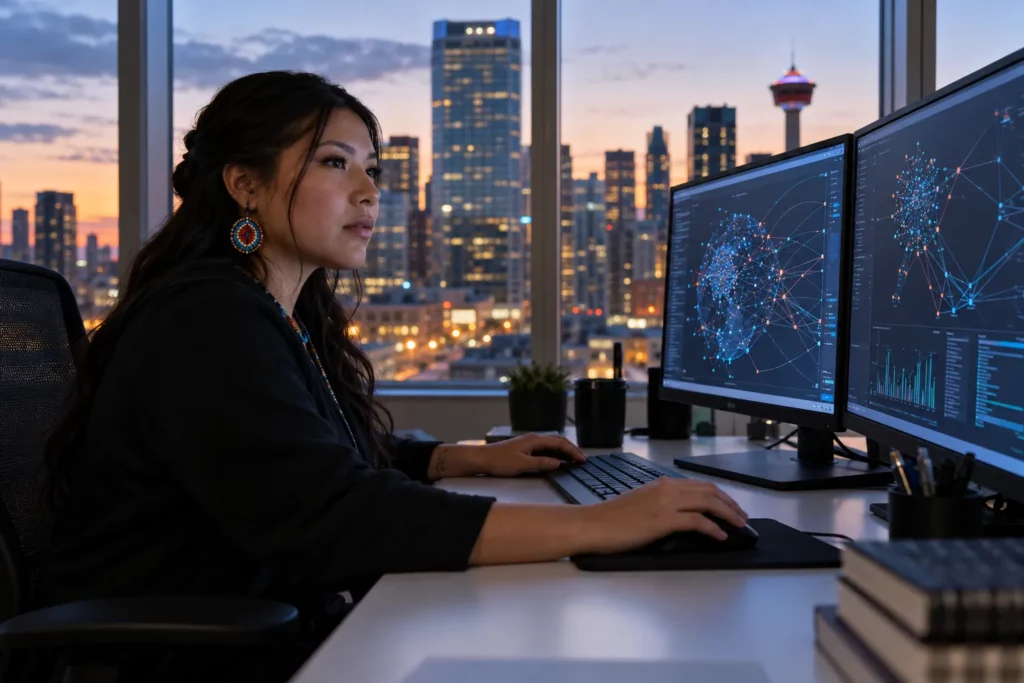 A cybersecurity analyst reviewing network activity on two monitors