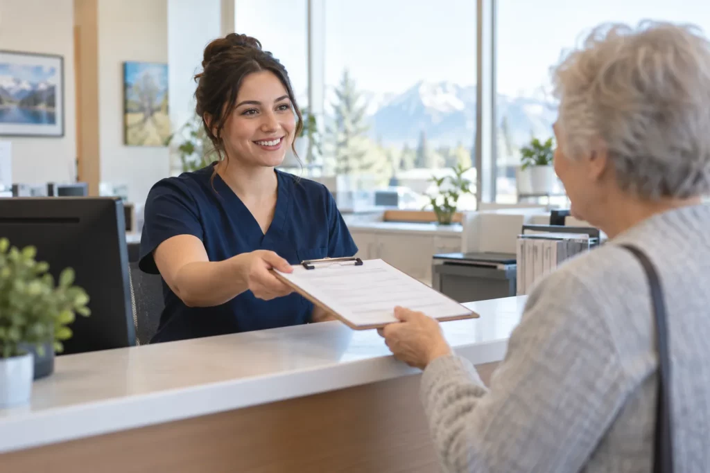 A medical office assistant greeting an elderly patient at a clinic desk