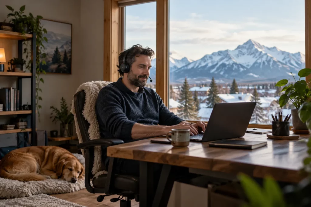 A remote worker at a home office with a mountain view