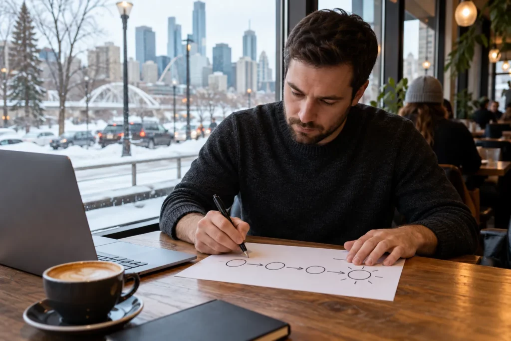 A man sketching a step-by-step career plan in a cafe