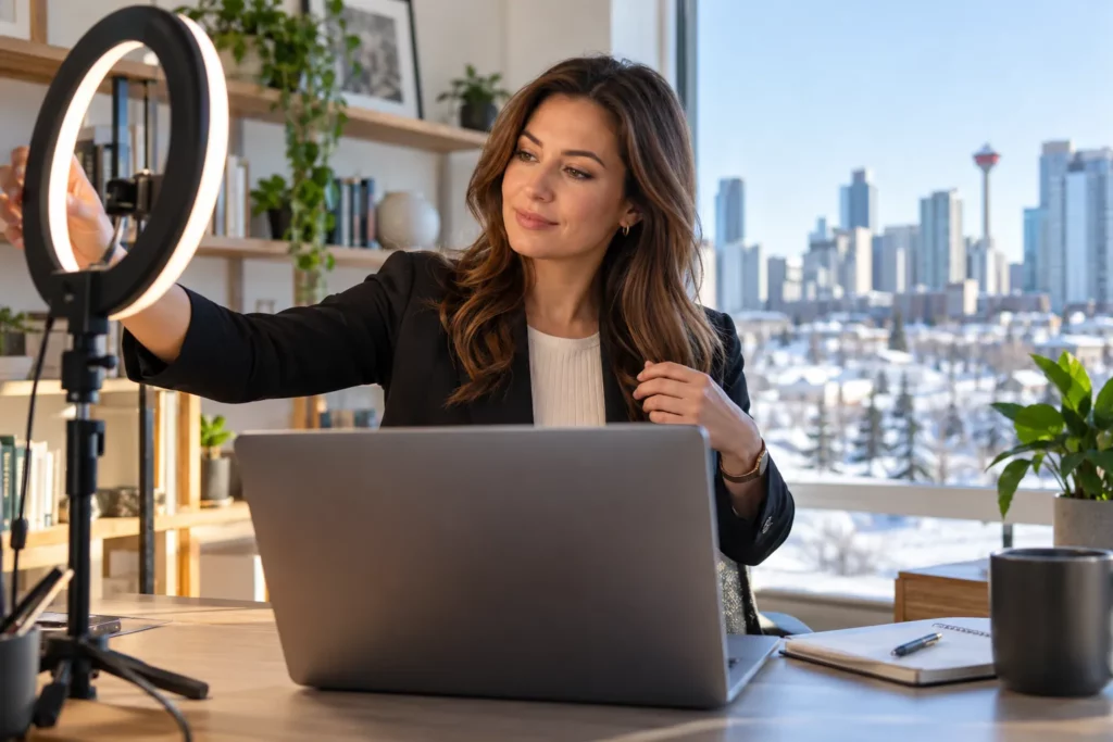 A woman setting up her camera and lighting before a video interview