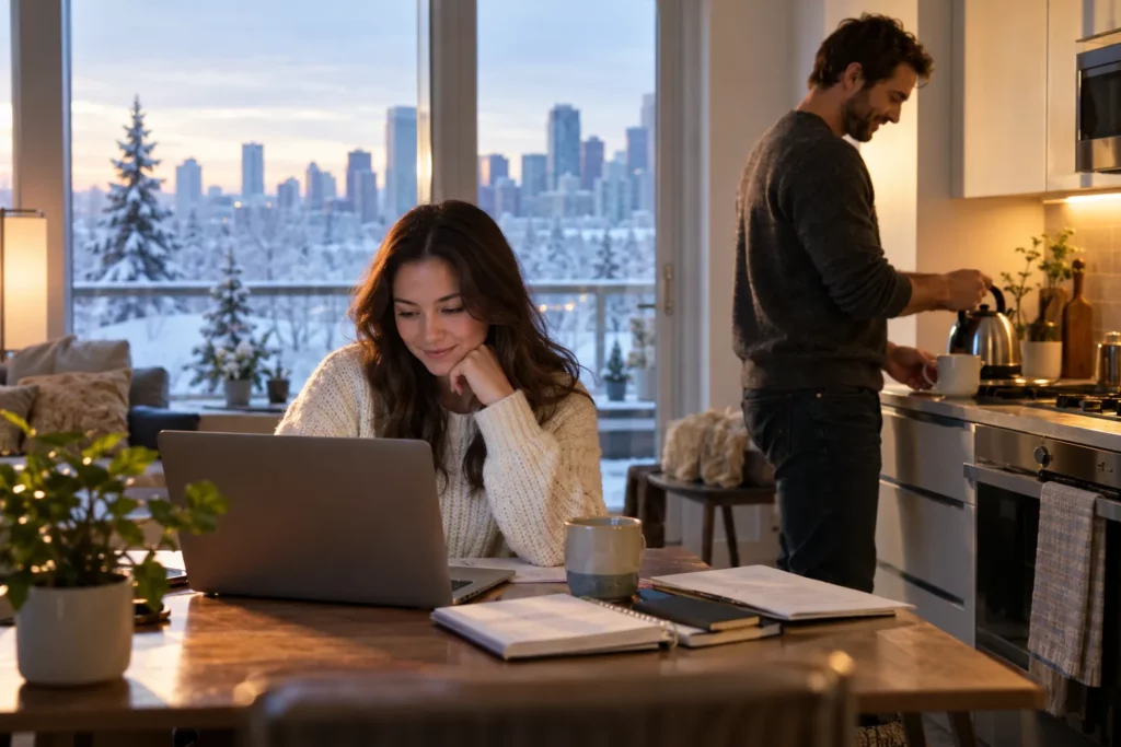 A newcomer woman studying online in her first Alberta winter