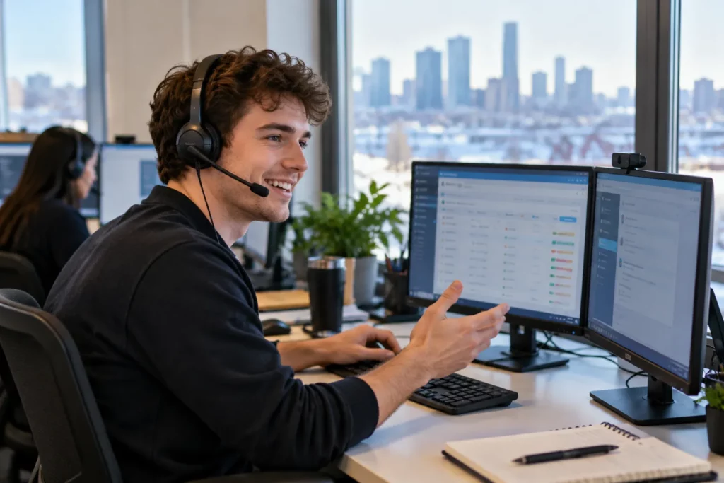 A help desk agent guiding a caller with a headset