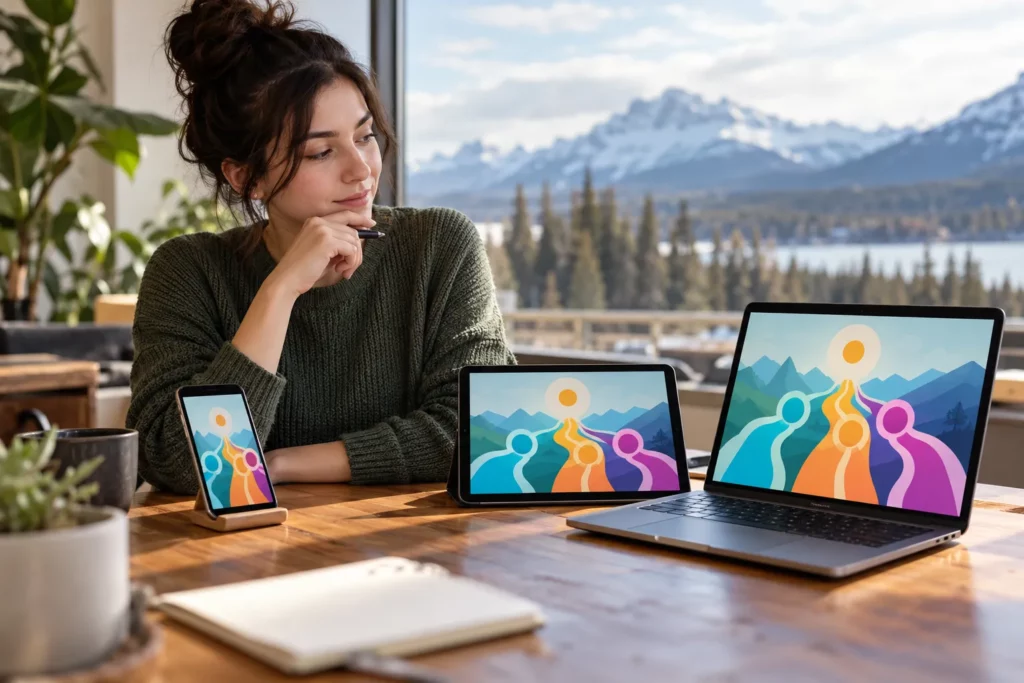 A developer testing one app layout on a phone, tablet and laptop
