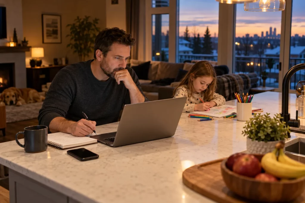 A father comparing study options on a laptop at the kitchen island