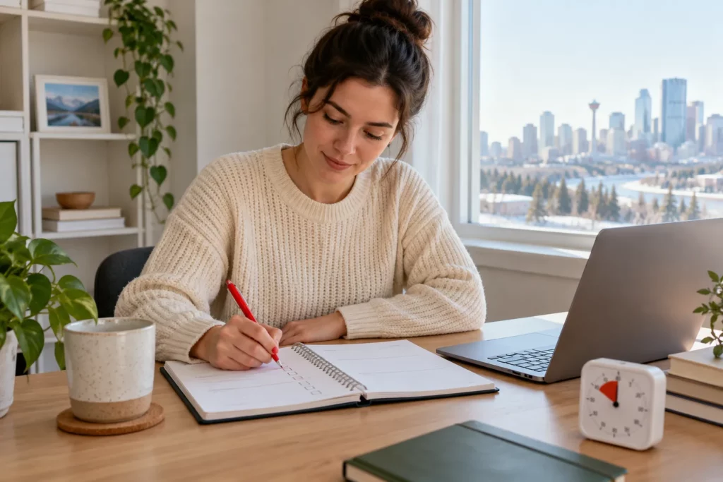 A woman planning her study week with a paper planner and laptop