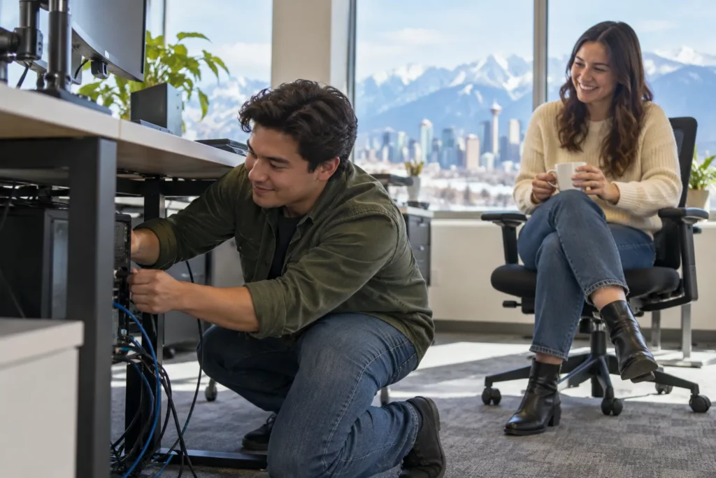 An IT support technician fixing a computer under a desk