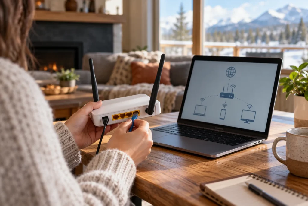 Hands holding a home router next to a laptop with a network diagram