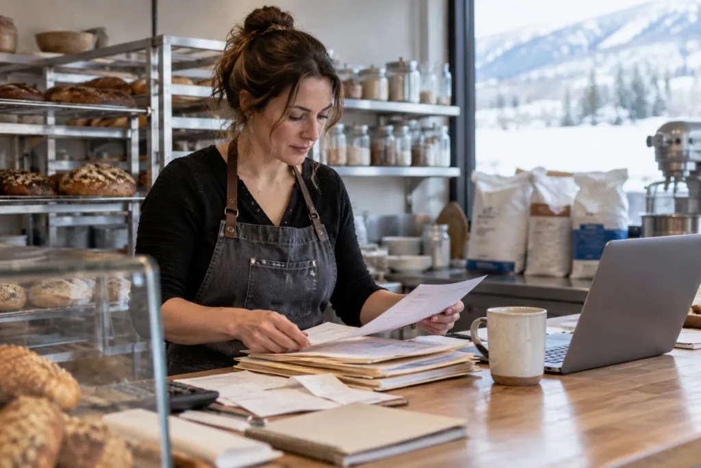 A small-business administrator sorting invoices in a bakery office