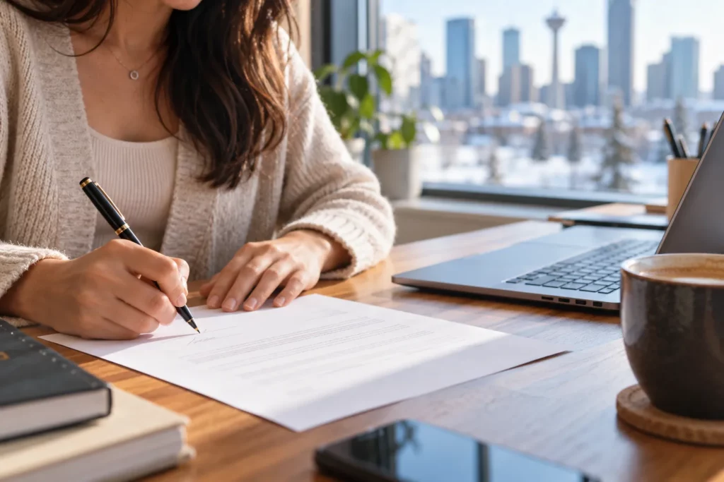 A person finishing a printed cover letter at a desk