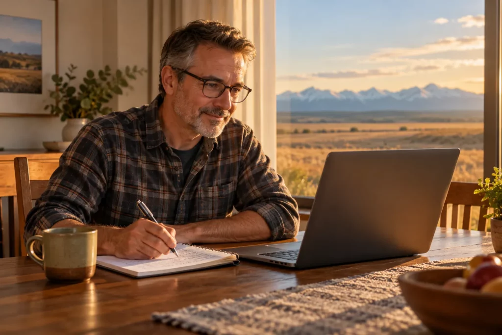 A man in his 50s taking notes during an online lesson