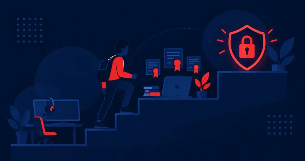Illustration: a person climbing steps from a help desk job through certifications to a cybersecurity shield