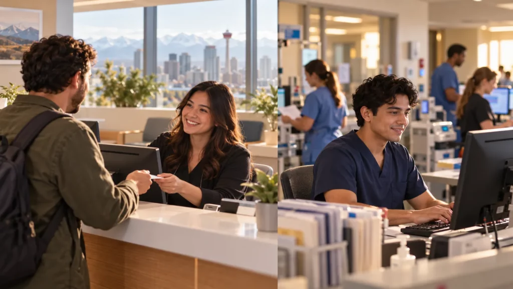 A medical office assistant greeting a patient at a Calgary clinic front desk, and a unit clerk working at a hospital nursing station