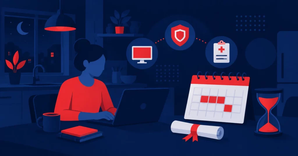 Illustration of an adult learner studying at a laptop in the evening beside a calendar, hourglass and rolled certificate, with IT, security and healthcare icons