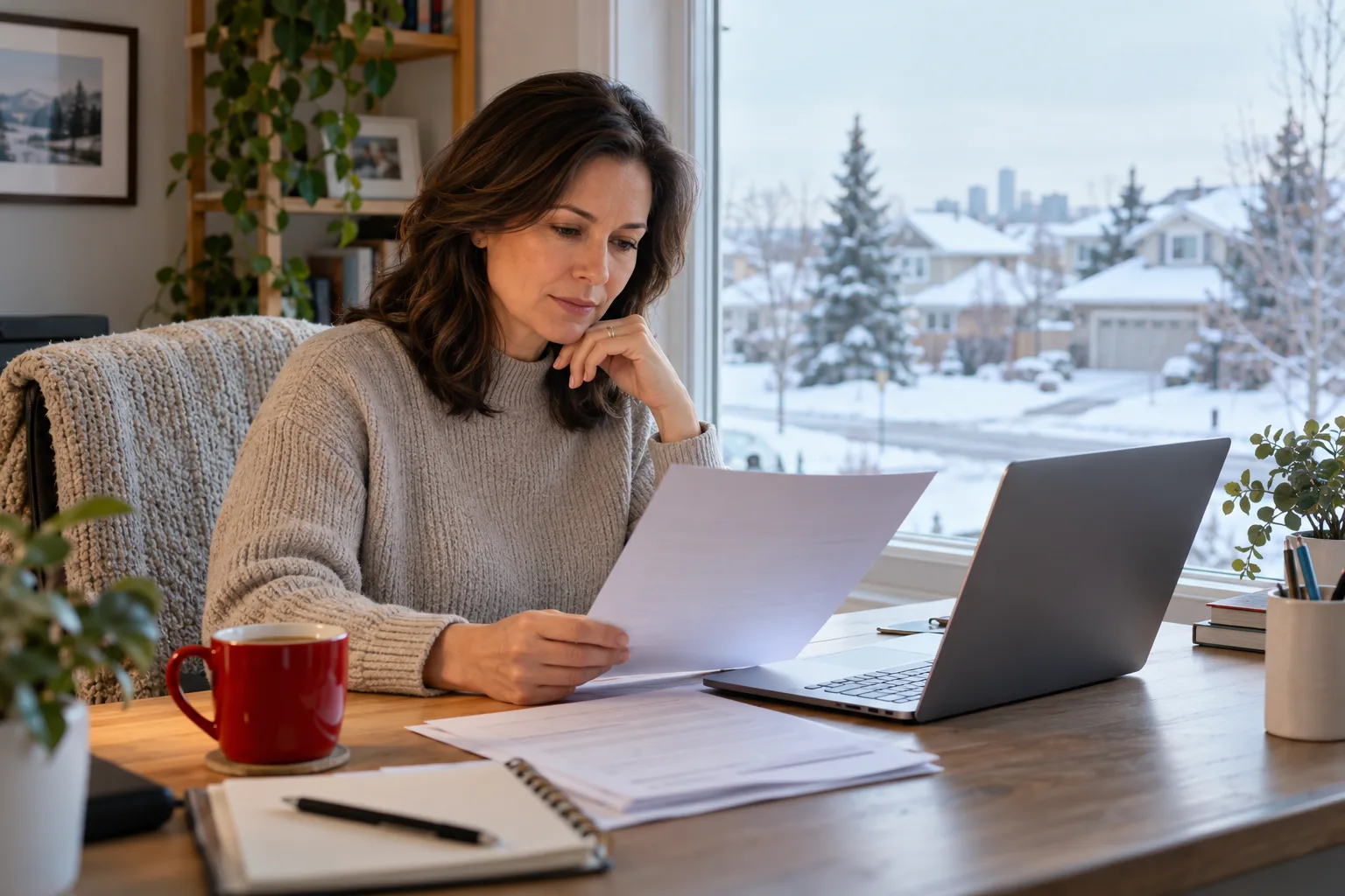 Woman reviewing documents at home
